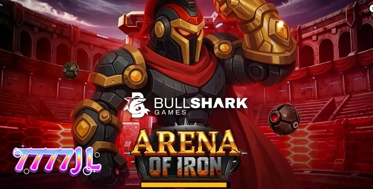 Futuristic na tema ng Arena of Iron slot na may mga robotic gladiator at metalikong disenyo